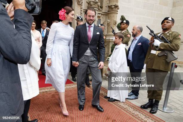 Princess Claire of Luxembourg and Prince Felix of Luxembourg leave Notre Dame du Luxembourg cathedral after attending Te Deum for National Day on...