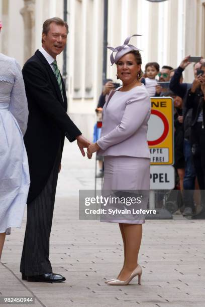 Grand Duchess Maria Teresa of Luxembourg, Grand Duke Henri of Luxembourg walk in the street of Luxembourg city after attending Te Deum for National...