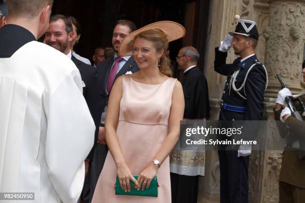 Prince Guillaume of Luxembourg and Princess Stephanie leave Notre Dame du Luxembourg cathedral after attending Te Deum for National Day on June 23,...