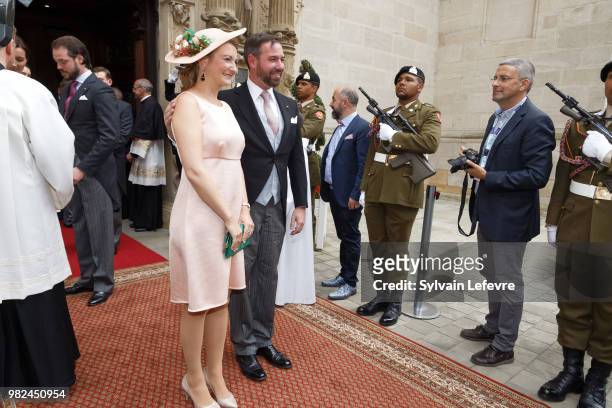 Prince Guillaume of Luxembourg and Princess Stephanie leave Notre Dame du Luxembourg cathedral after attending Te Deum for National Day on June 23,...