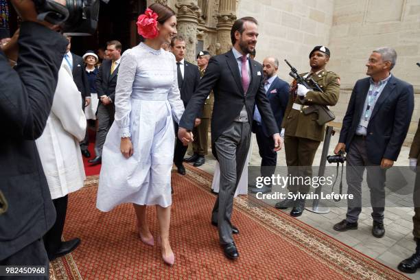 Princess Claire of Luxembourg and Prince Felix of Luxembourg leave Notre Dame du Luxembourg cathedral after attending Te Deum for National Day on...