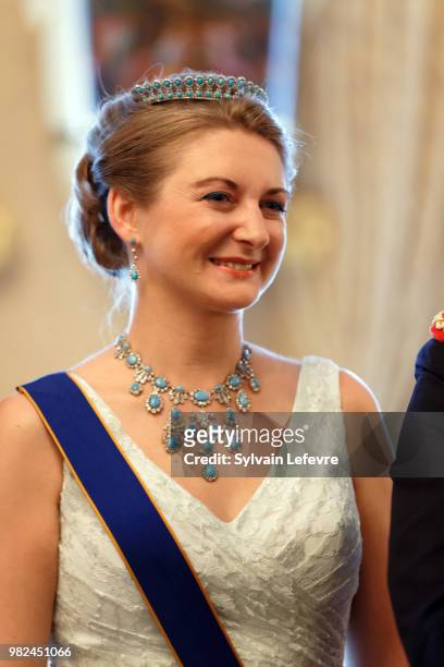 Princess Claire of Luxembourg poses for photographers before the official dinner for National Day at the ducal palace on June 23, 2018 in Luxembourg,...
