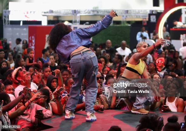 Emaza Dilan and Saiyr Dilan of the group Ceraadi perform onstage at the Coca-Cola Music Studio during the 2018 BET Experience at the Los Angeles...