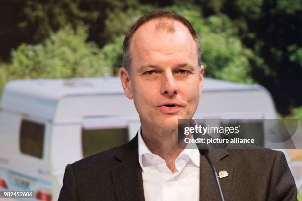 Kai Dhonau, president of the German Caravaning Trade Association , speaks at the 'oohh! - Die Freizeitwelten' travel and leisure fair in Hamburg,...