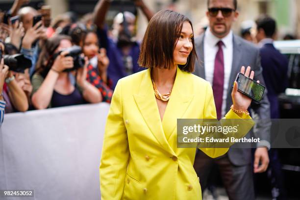 Bella Hadid is seen, outside Dior, during Paris Fashion Week - Menswear Spring-Summer 2019, on June 23, 2018 in Paris, France.