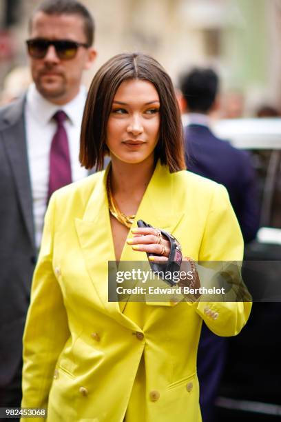 Bella Hadid is seen, outside Dior, during Paris Fashion Week - Menswear Spring-Summer 2019, on June 23, 2018 in Paris, France.