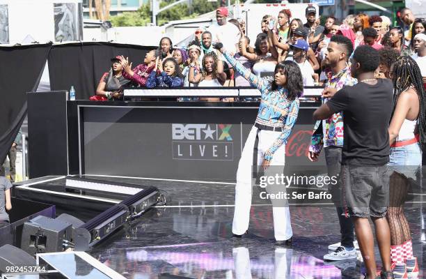 Ryan Destiny and Trevor Jackson perform onstage at the 2018 BET Experience Live! Sponsored By Coca-Cola at Microsoft Square on June 23, 2018 in Los...