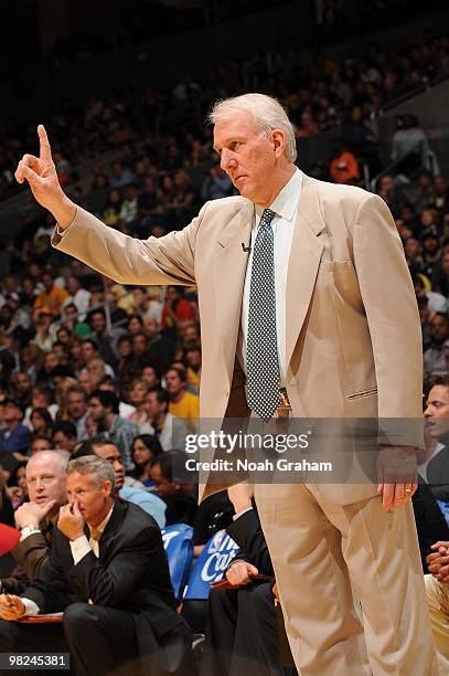 Head Coach Gregg Popovich of the San Antonio Spurs directs his team from the sideline during a game against the Los Angeles Lakers at Staples Center...