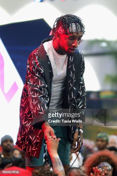 Shordie Shordie of the group Peso De Mafia performs onstage at the Coca-Cola Music Studio during the 2018 BET Experience at the Los Angeles...