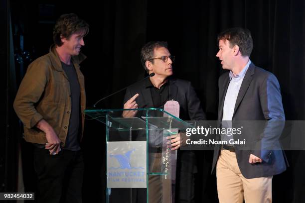 Garrett Hedlund, Ben Stiller, and Mike Birbiglia speak onstage during the Screenwriters Tribute at the 2018 Nantucket Film Festival - Day 4 on June...