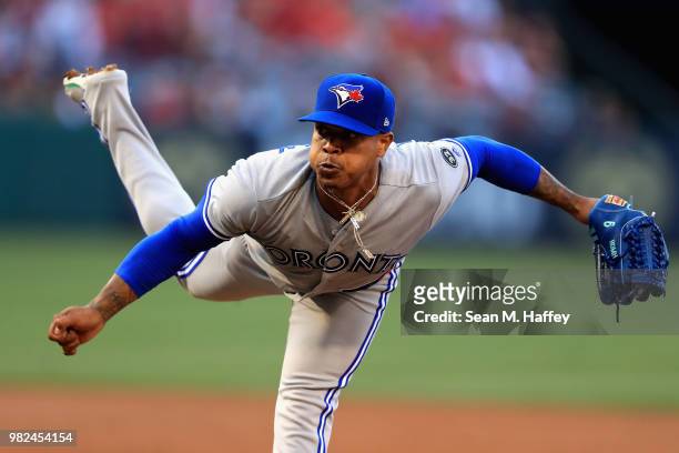 Marcus Stroman of the Toronto Blue Jays pitches during the first inning of a game against the Los Angeles Angels of Anaheim at Angel Stadium on June...
