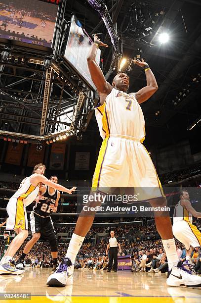Lamar Odom of the Los Angeles Lakers defends an inbounds pass during a game against the San Antonio Spurs at Staples Center on April 4, 2010 in Los...