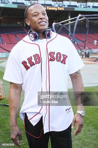 Producer and musician Dr. Dre is on the field before the Boston Red Sox take on the the New York Yankees on April 4, 2010 during Opening Night at...