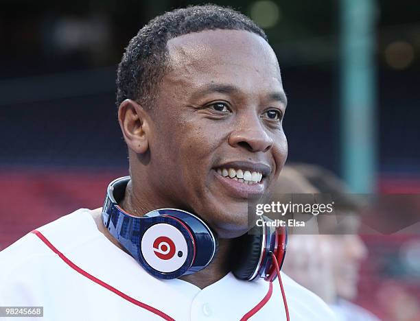 Producer and musician Dr. Dre is on the field before the Boston Red Sox take on the the New York Yankees on April 4, 2010 during Opening Night at...