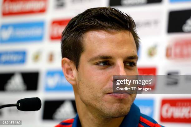 Cesar Azpilicueta of Spain attends the press conference after a training session on May 31, 2018 in Madrid, Spain.