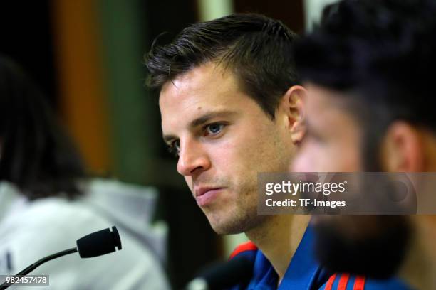 Cesar Azpilicueta of Spain attends the press conference after a training session on May 31, 2018 in Madrid, Spain.