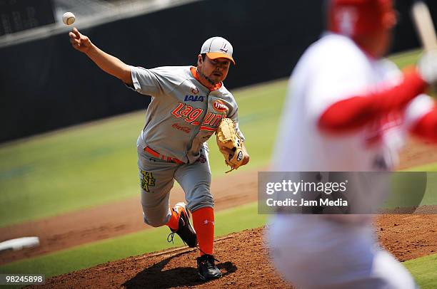 Pitcher Juan Delgadillo of Vaqueros de la Laguna in action during a 2010 Liga Mexicana de Beisebol match between Mexico Red Devils and Vaqueros de la...