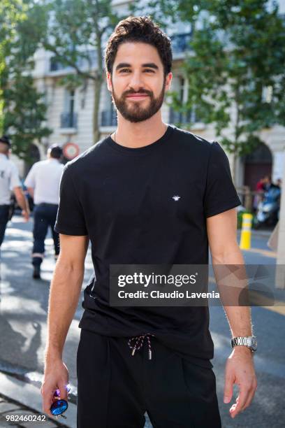 Darren Criss, wearing black t shirt and black pants, is seen in the streets of Paris after the Dior Homme show, during Paris Men's Fashion Week...