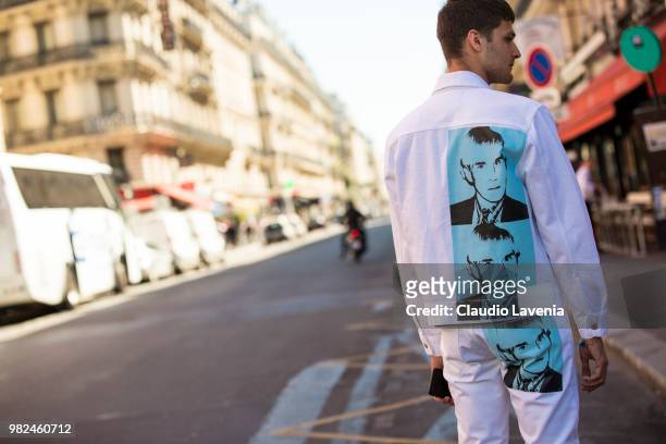 Fashion detail of Guido Milani white jacket, is seen in the streets of Paris after the Etudes show, during Paris Men's Fashion Week Spring/Summer...
