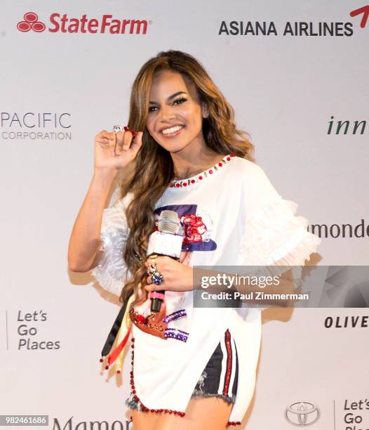 Singer songwriter Leslie Grace attends the red carpet at KCON Day 1 2018 NY presented by Toyota at Prudential Center on June 23, 2018 in Newark, New...