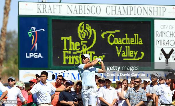 Suzann Petteresen of Norway plays her tee shot on the 16th hole during the final round of the 2010 Kraft Nabisco Championship, on the Dinah Shore...