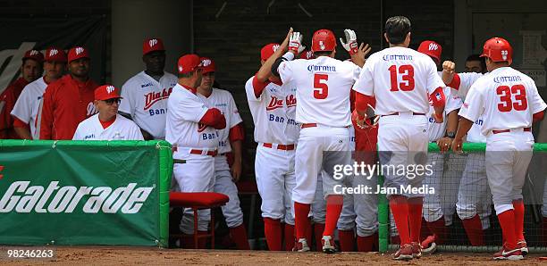 Players of Mexico Red Devils celebrate during a 2010 Liga Mexicana de Beisebol match between Mexico Red Devils and Vaqueros de la Laguna at the Foro...