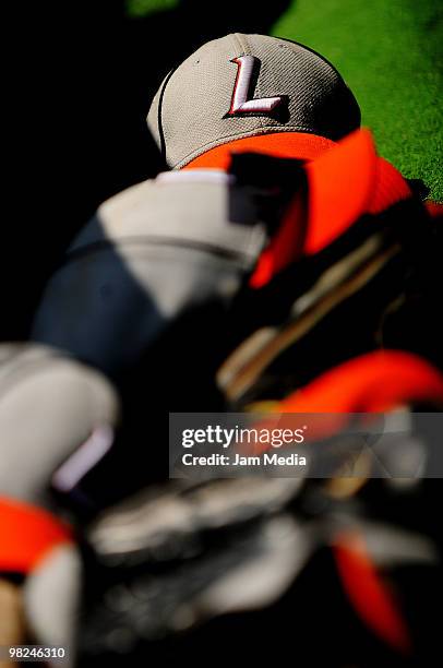 Cap of Vaqueros de la Laguna in the team's bench during a 2010 Liga Mexicana de Beisebol match between Mexico Red Devils and Vaqueros de la Laguna at...