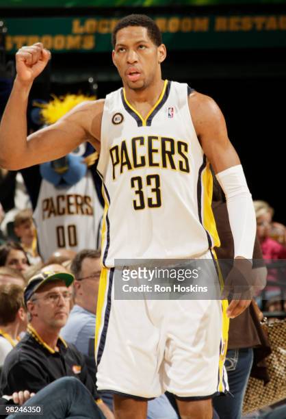 Danny Granger of the Indiana Pacers reacts after hitting a three against the Houston Rockets at Conseco Fieldhouse on April 4, 2010 in Indianapolis,...