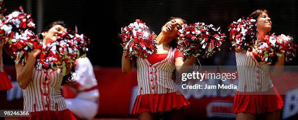 Cheerleaders during a 2010 Liga Mexicana de Beisebol match between Mexico Red Devils and Vaqueros de la Laguna at the Foro Sol Stadium on April 4,...