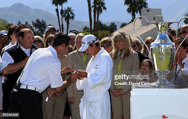 Yani Tseng of Taiwan receives a diamond ring after her one shot victory in the 2010 Kraft Nabisco Championship, on the Dinah Shore Course at The...