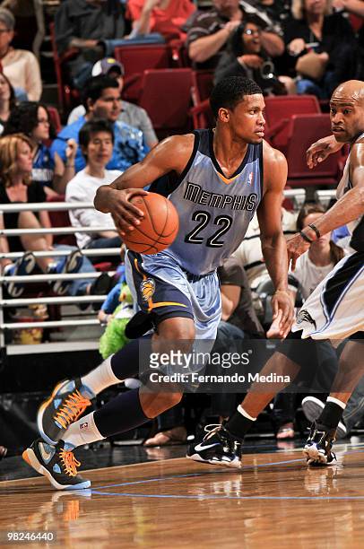 Rudy Gay of the Memphis Grizzlies dribbles against the Orlando Magic during the game on April 4, 2010 at Amway Arena in Orlando, Florida. NOTE TO...