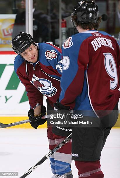 Chris Stewart talks to Matt Duchene of the Colorado Avalanche prior to the game against the San Jose Sharks at the Pepsi Center on April 4, 2010 in...