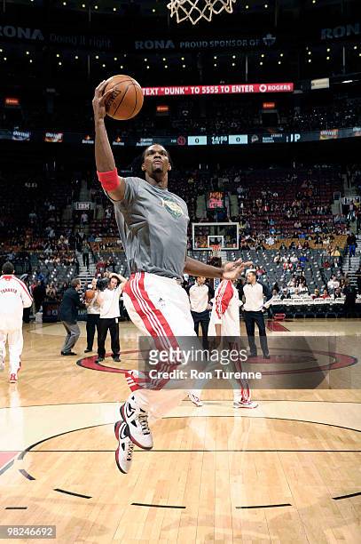 Chris Bosh of the Toronto Raptors warms up during shootaround prior to a game against the Golden State Warriors on April 04, 2010 at the Air Canada...