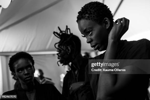 Models get ready during day three of the 16 Dakar Fashion Week at Radison Blu Hotel on June 23, 2018 in Dakar, Senegal.