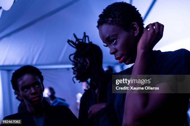 Models get ready during day three of the 16 Dakar Fashion Week at Radison Blu Hotel on June 23, 2018 in Dakar, Senegal.