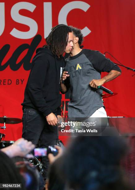 Domani Harris and DJ QwessCoast perform onstage at the Coca-Cola Music Studio during the 2018 BET Experience at the Los Angeles Convention Center on...