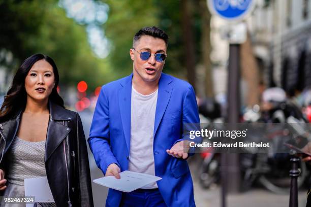 Colton Haynes is seen, outside Dior, during Paris Fashion Week - Menswear Spring-Summer 2019, on June 23, 2018 in Paris, France.