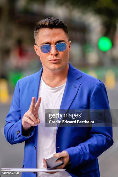 Colton Haynes is seen, outside Dior, during Paris Fashion Week - Menswear Spring-Summer 2019, on June 23, 2018 in Paris, France.