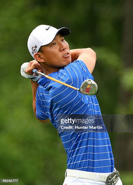 Anthony Kim hits his tee shot on the sixth hole during the final round of the Shell Houston Open at Redstone Golf Club on April 4, 2010 in Humble,...