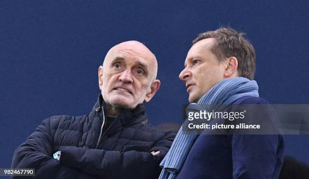 Hannover's president Martin Kind and Hannover's manager stand on a platform at the Volksparkstadion in Hamburg, Germany, 4 February 2018. Photo:...