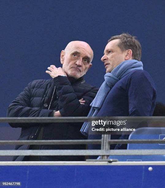 Hannover's president Martin Kind and Hannover's manager stand on a platform at the Volksparkstadion in Hamburg, Germany, 4 February 2018. Photo:...