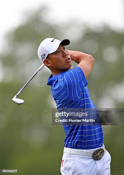 Anthony Kim hits his tee shot on the ninth hole during the final round of the Shell Houston Open at Redstone Golf Club on April 4, 2010 in Humble,...