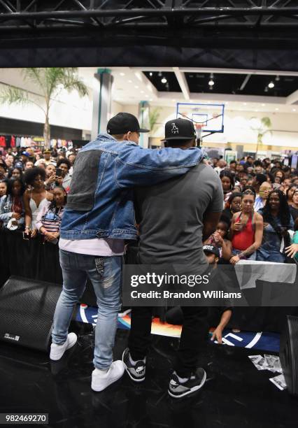 Lo and DJ Hed perform during Kicksperience at the 2018 BET Experience Fan Fest at Los Angeles Convention Center on June 23, 2018 in Los Angeles,...