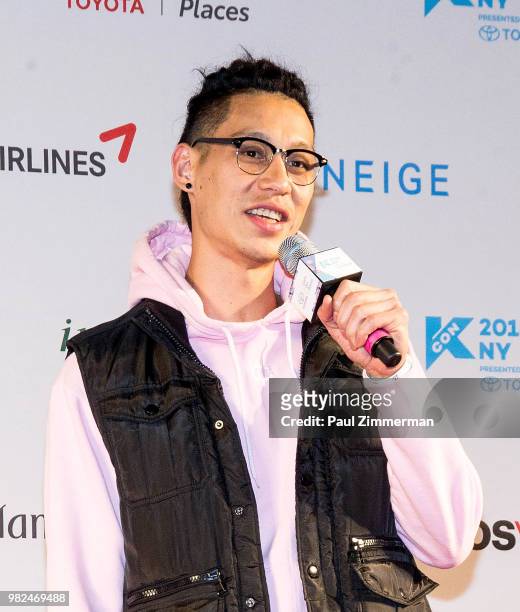 Player for the Brooklyn Nets Jeremy Shu-How Lin speaks onstage at the red carpet at KCON Day 1 2018 NY presented by Toyota at Prudential Center on...