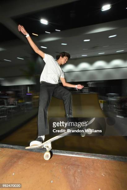 Skateboarder skates during Kicksperience at the 2018 BET Experience Fan Fest at Los Angeles Convention Center on June 23, 2018 in Los Angeles,...