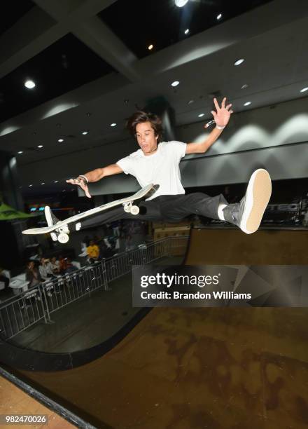 Skateboarder skates during Kicksperience at the 2018 BET Experience Fan Fest at Los Angeles Convention Center on June 23, 2018 in Los Angeles,...