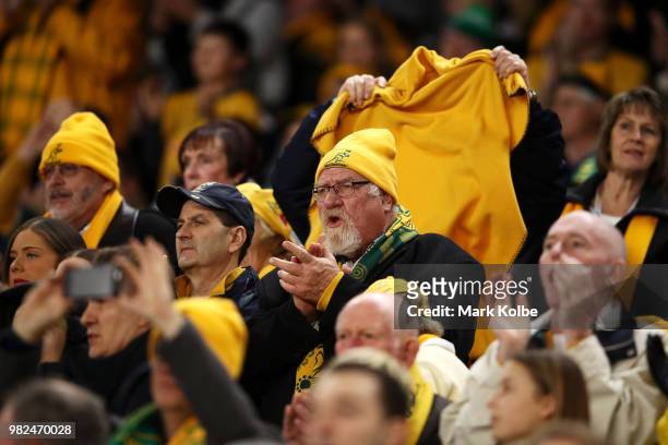 Wallabies supporter in the crowd cheers during the Third International Test match between the Australian Wallabies and Ireland at Allianz Stadium on...