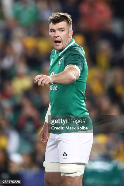 Peter O'Mahony of Ireland calls instructions during the Third International Test match between the Australian Wallabies and Ireland at Allianz...