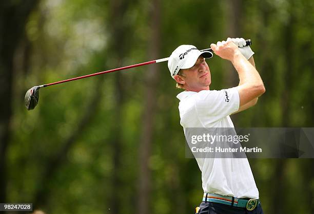 Vaughn Taylor hits his tee shot on the sixth hole during the final round of the Shell Houston Open at Redstone Golf Club on April 4, 2010 in Humble,...