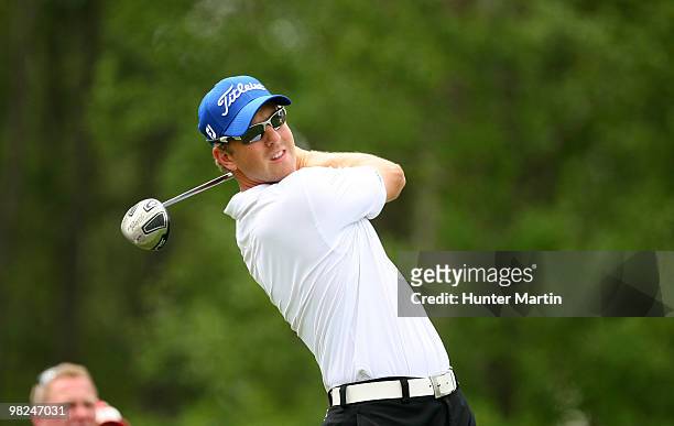 Bryce Molder hits his tee shot on the sixth hole during the final round of the Shell Houston Open at Redstone Golf Club on April 4, 2010 in Humble,...